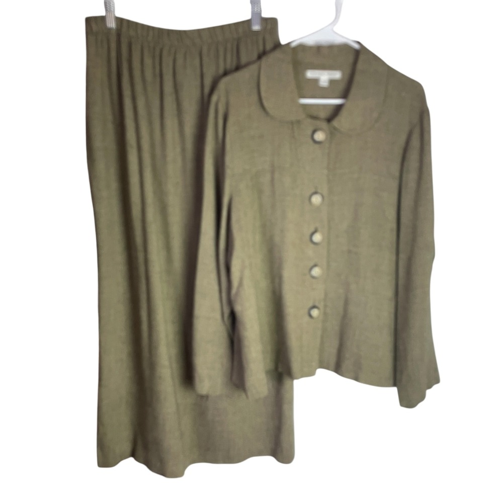 Christy Allen Womens Linen Blend Skirt Set Size L Khaki Green Midi Woven USA
